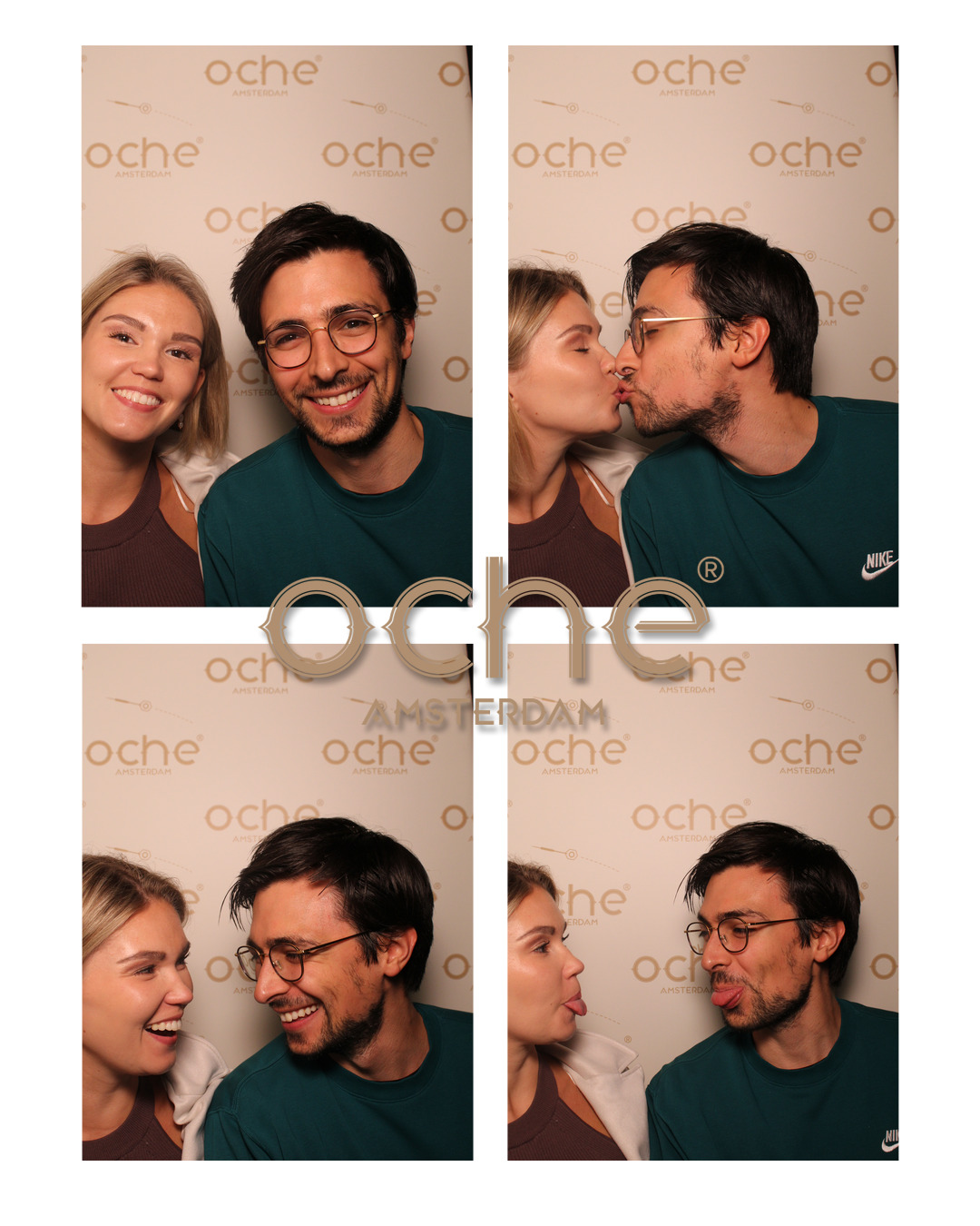 Four photobooth frames of Nina and Javi laughing, kissing and pulling playful faces