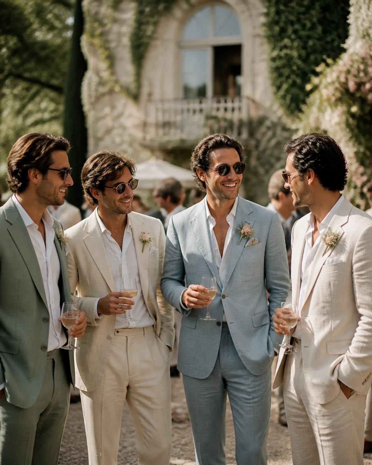 Coastal wedding suits in sage, cream, pale blue and ivory