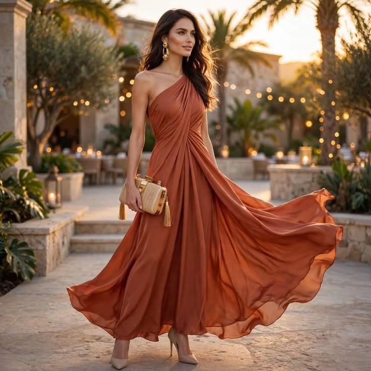 Flowing rust one-shoulder gown at golden hour